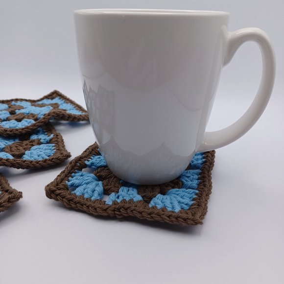 Handcrafted Cotton Coasters - Set of 4 - Blue and Brown - Picture 6 of 7